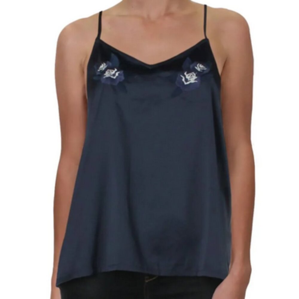 Roxy Y2K Navy Satin Floral Embroidered Racerback Cami Tank Top Size Medium